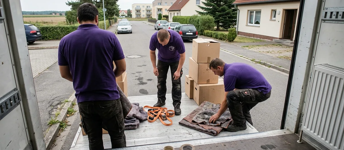 Drei Träger sortieren Gurte und Decken auf der Ladebordwand vor einem Wohnhaus