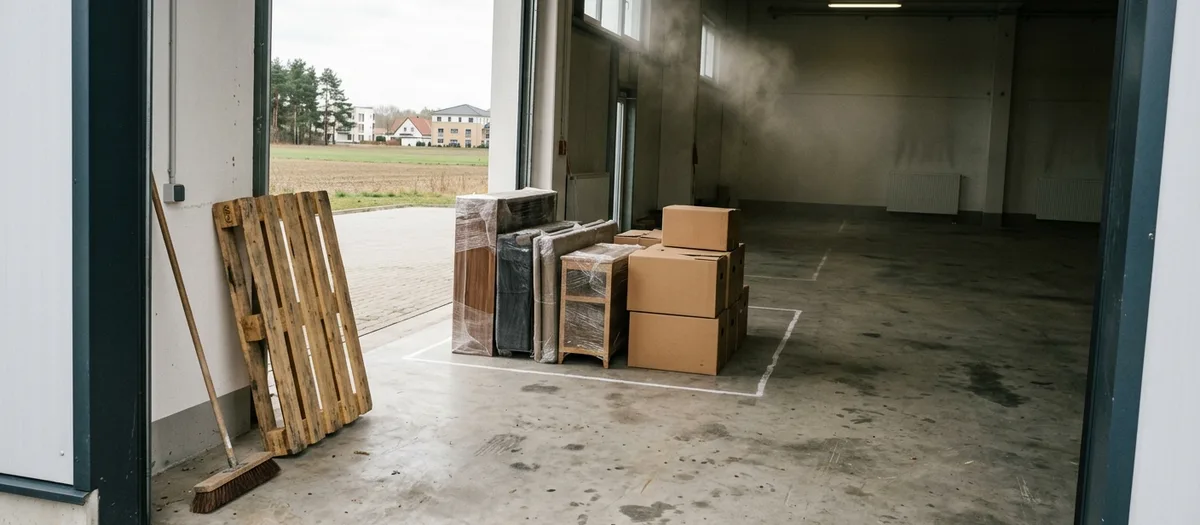Verpackte Möbel und Kartons stehen auf einer markierten Fläche in einer leeren Lagerhalle