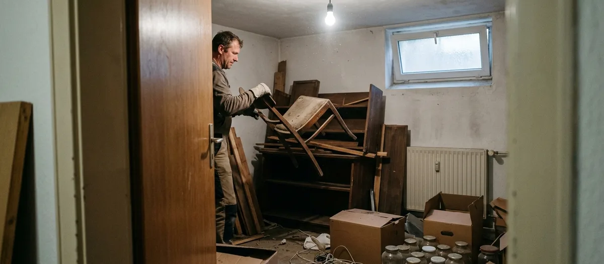 Helfer räumt altes Holz und einen kaputten Stuhl aus einem vollgestellten Kellerraum