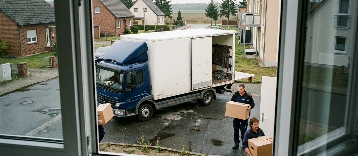 Blick aus dem Fenster im ersten Stock auf den Möbelwagen, zwei Träger tragen Kartons zur Haustür