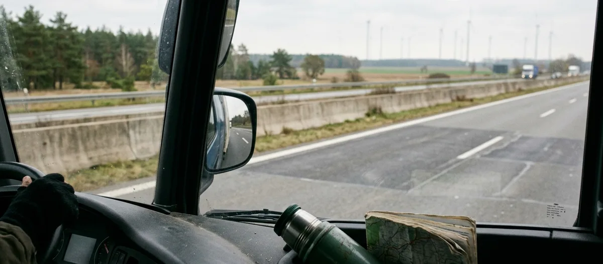 Blick aus dem Führerhaus auf die Autobahn mit Leitplanke und Windrädern am Horizont