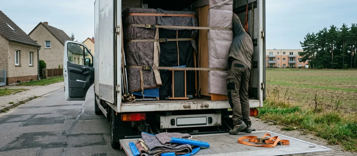 Möbelwagen wird für eine lange Strecke beladen, die Ladung ist abschnittsweise verzurrt