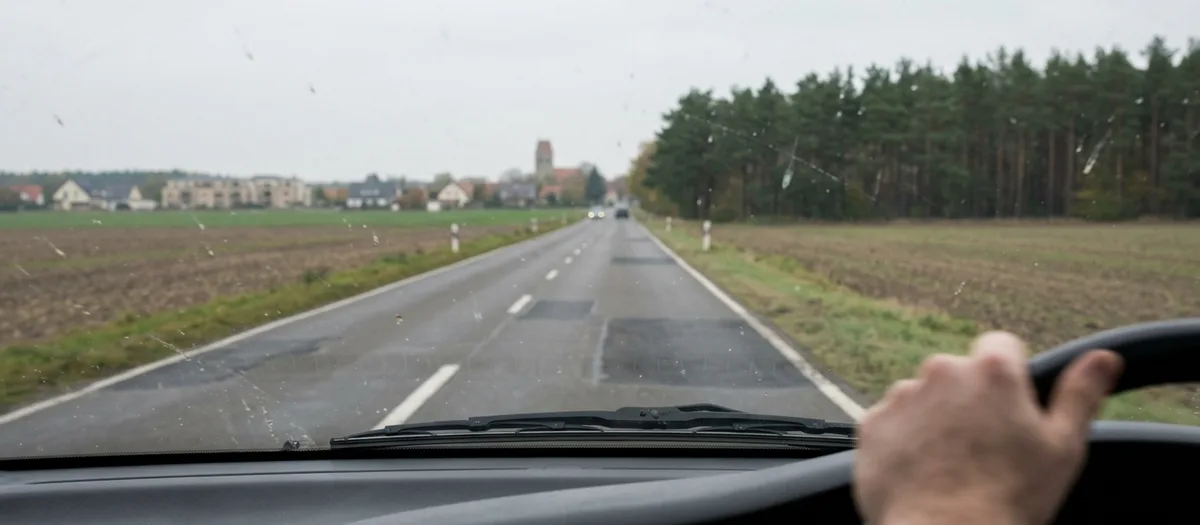 Blick durch die Windschutzscheibe auf eine Landstraße zwischen Feldern, am Horizont ein Kirchturm