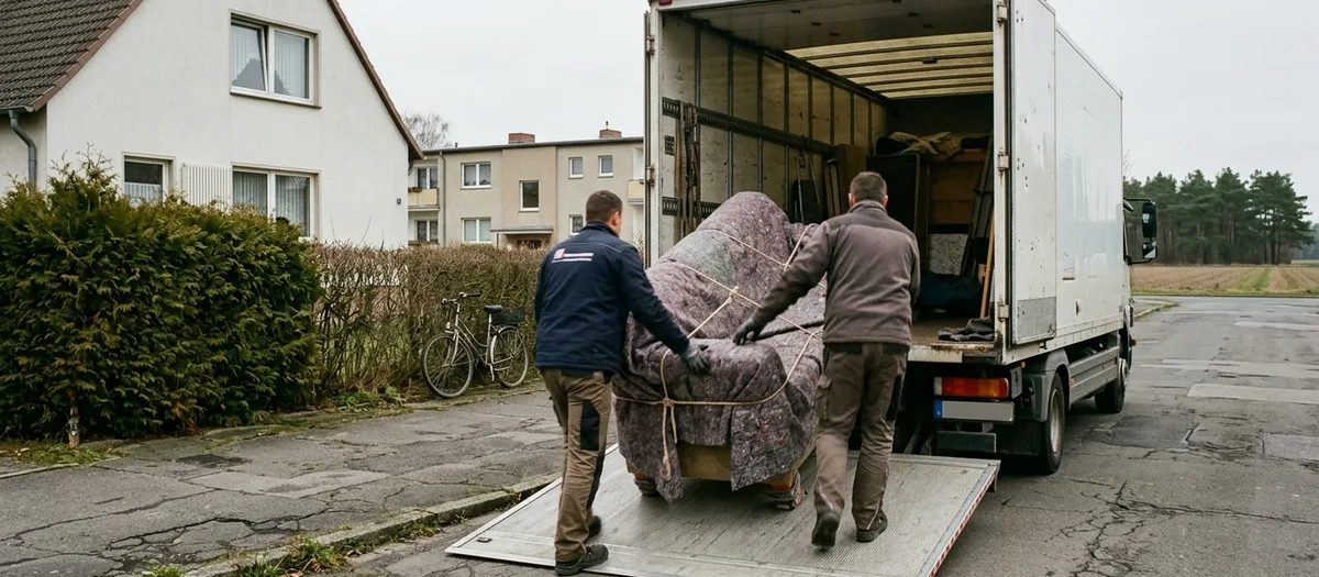 Zwei Träger schieben ein in Decken gewickeltes Sofa über die Ladebordwand in den Möbelwagen