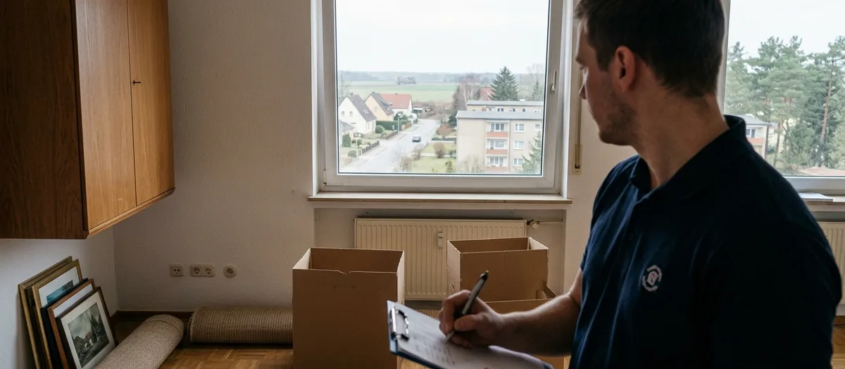 Mitarbeiter notiert beim Aufmaß den Möbelbestand einer Wohnung auf einem Klemmbrett