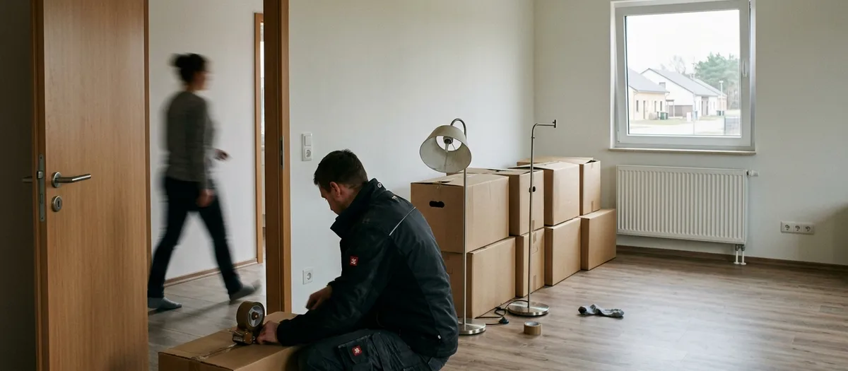 Umzugshelfer klebt einen Karton zu, im Hintergrund geht jemand durch die Diele