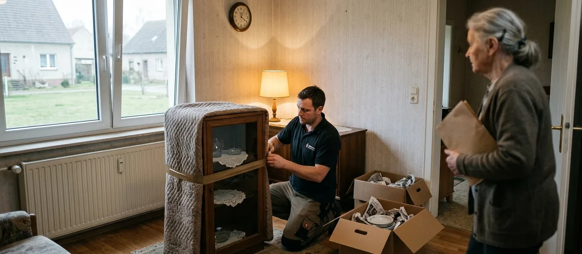 Träger wickelt eine Vitrine in eine Decke, die Bewohnerin steht daneben in der Tür