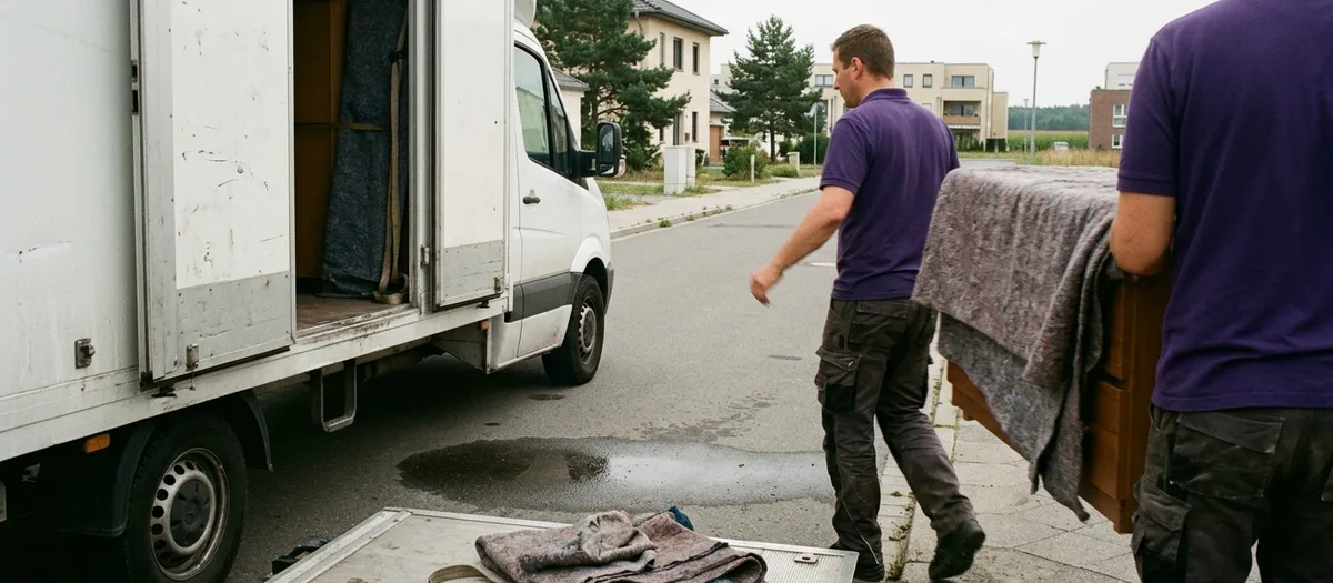 Zwei Träger bringen eine in Decken gewickelte Kommode zum Möbelwagen in einer Wohnstraße