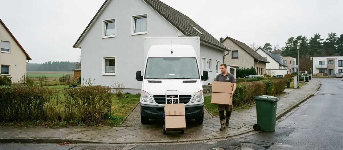 Möbelwagen in der Einfahrt eines Einfamilienhauses, ein Träger geht mit Kartons zur Straße