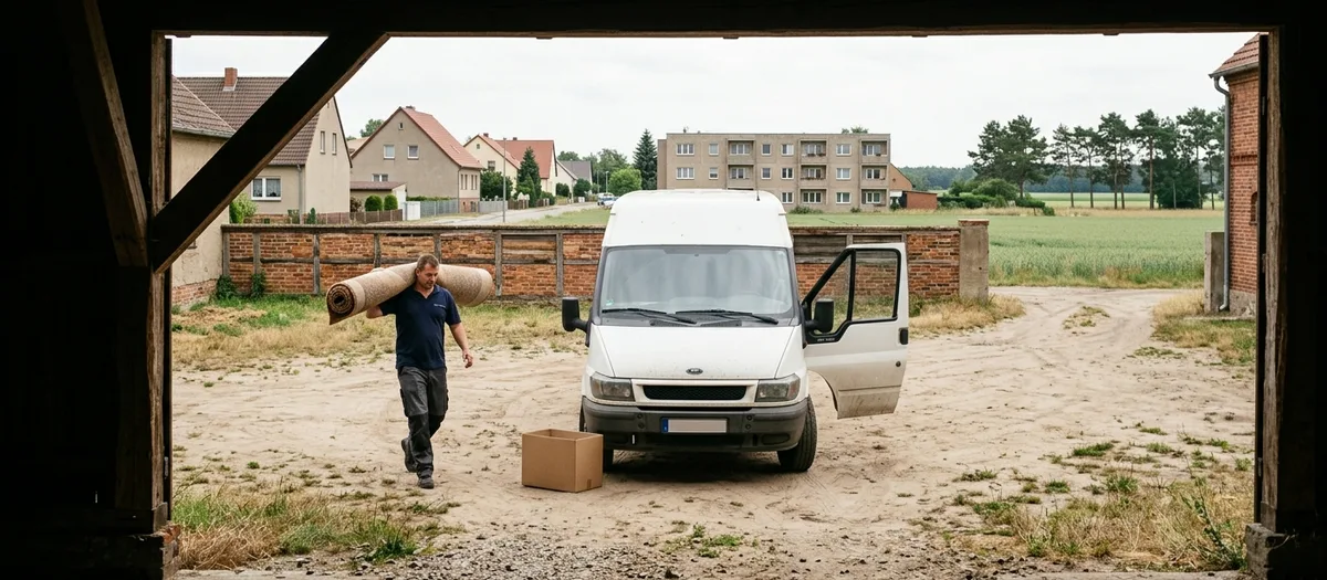Blick aus einer Scheunendurchfahrt auf einen Transporter im Sandhof, ein Träger trägt einen Teppich