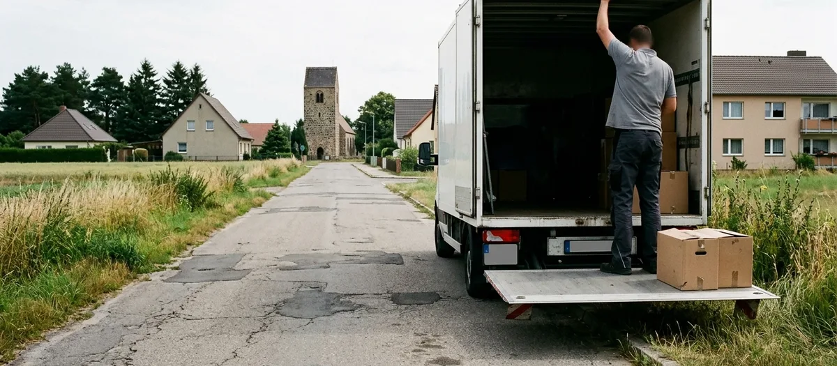 Möbelwagen mit offener Ladebordwand auf der Dorfstraße, im Hintergrund der Feldsteinkirchturm