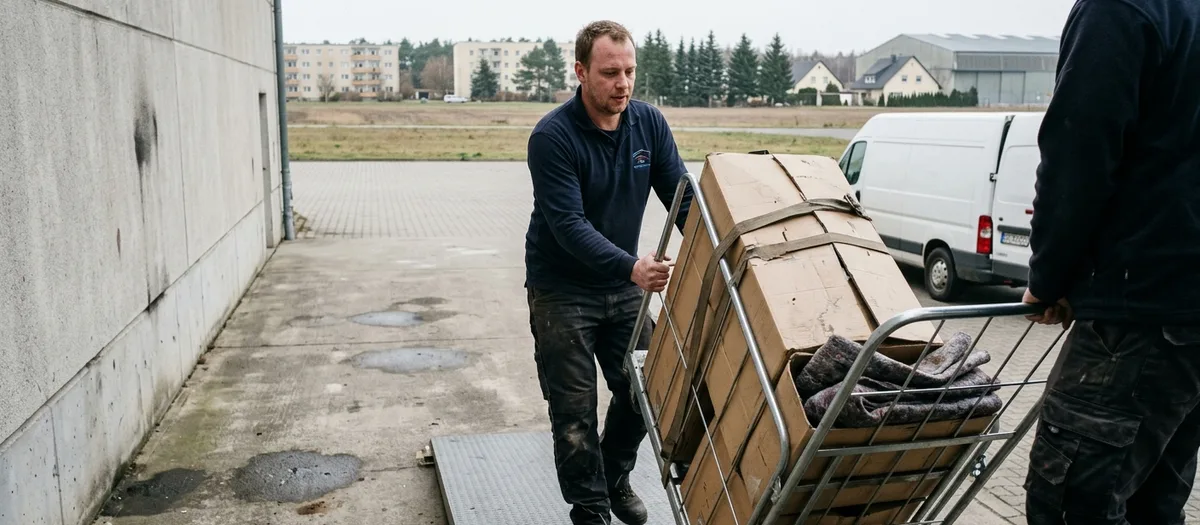 Zwei Männer schieben einen beladenen Rollcontainer über eine Rampe an einer Gewerbehalle
