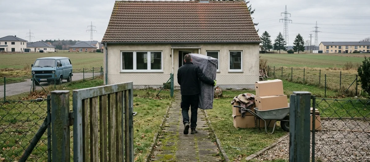 Träger geht mit einem eingepackten Möbelstück den Gartenweg zu einem Siedlungshaus