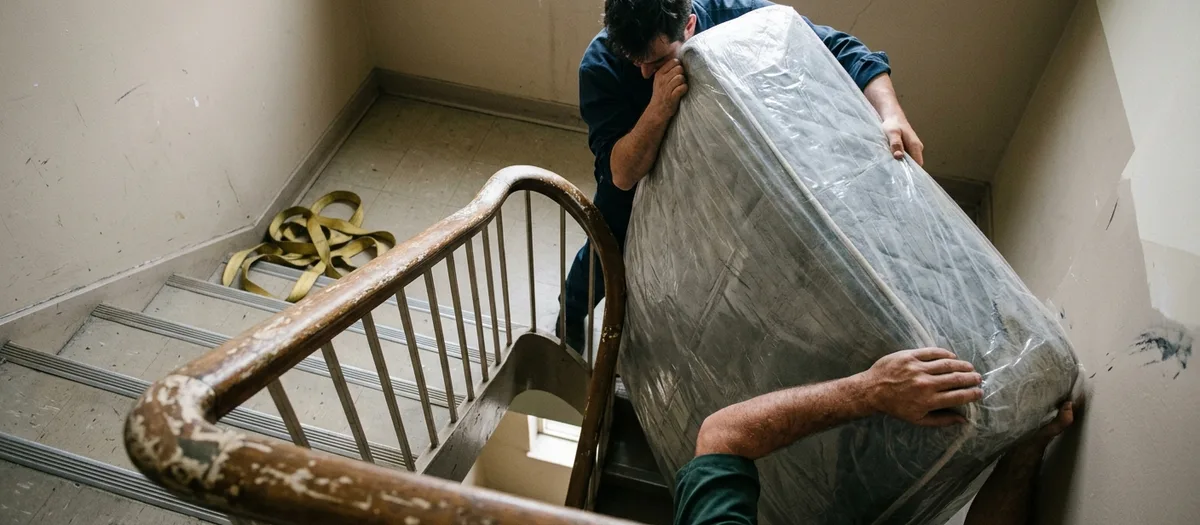 Zwei Umzugshelfer tragen eine eingepackte Matratze um die Kurve eines Treppenhauses
